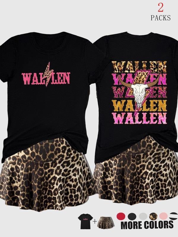 Leopard Print Short Sleeve Pleated Skirt Set Casual - Adult & Kids T-Shirts, Sweatshirts & Hoodies apparel design preview 1