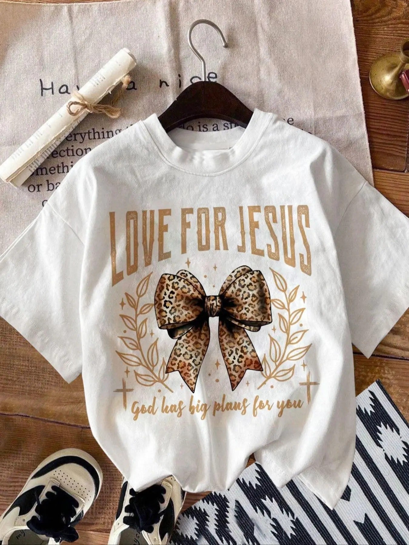 Letter Leopard Bow Leaf Print Round Neck Casual Short - Adult & Kids T-Shirts, Sweatshirts & Hoodies apparel design preview 1