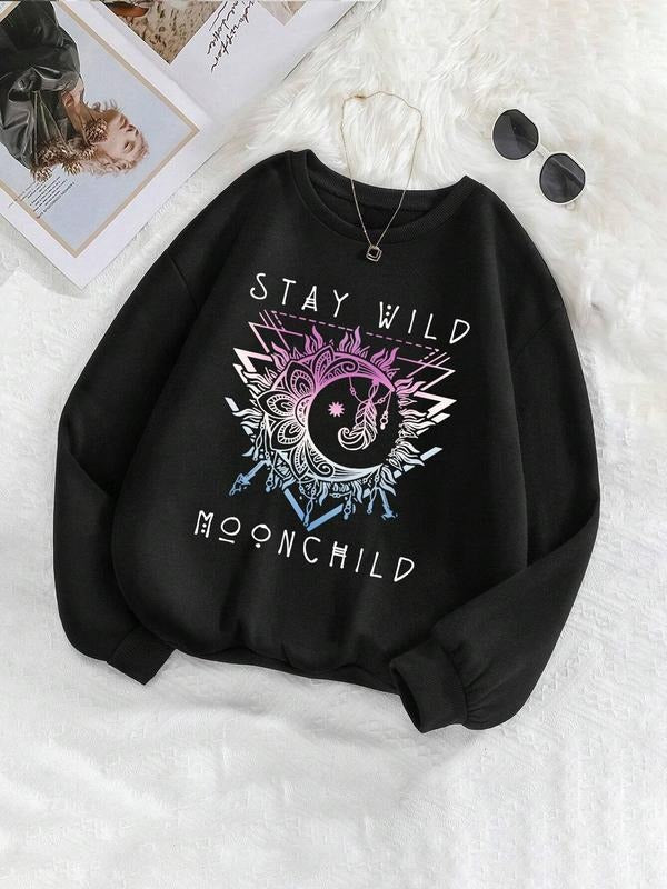 Letter Moon Print Drop Shoulder Casual Round Neck - Adult & Kids T-Shirts, Sweatshirts & Hoodies apparel design preview 1