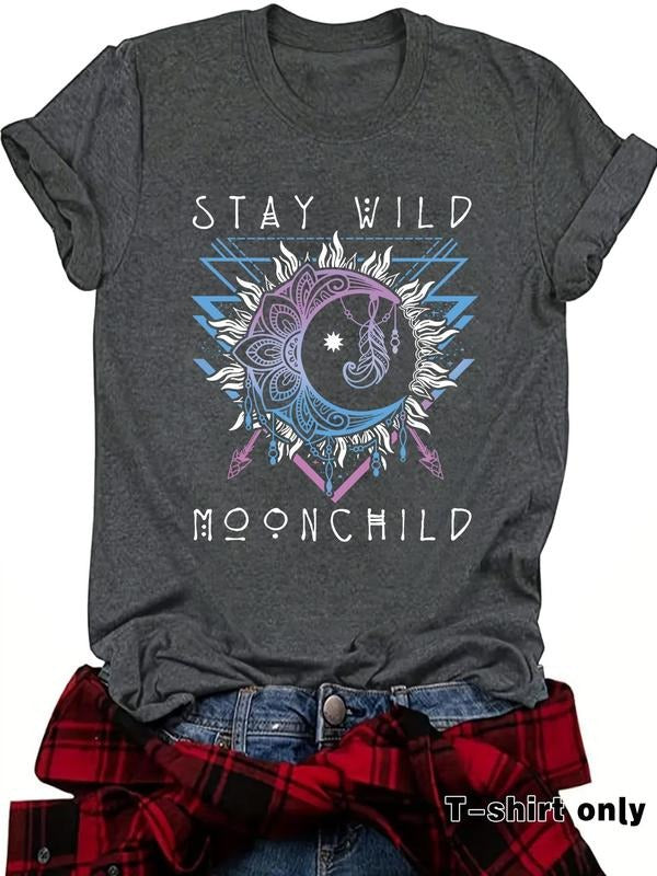 Letter Moon Print Round Neck Casual Short Sleeve Crew - Adult & Kids T-Shirts, Sweatshirts & Hoodies apparel design preview 1
