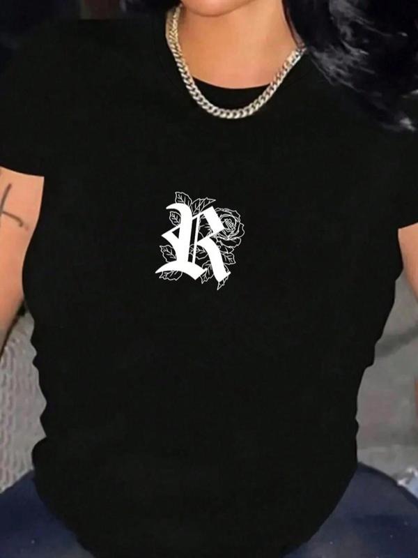 Letter "R" Rose Print Round Neck Casual Short Sleeve - Adult & Kids T-Shirts, Sweatshirts & Hoodies apparel design preview 1