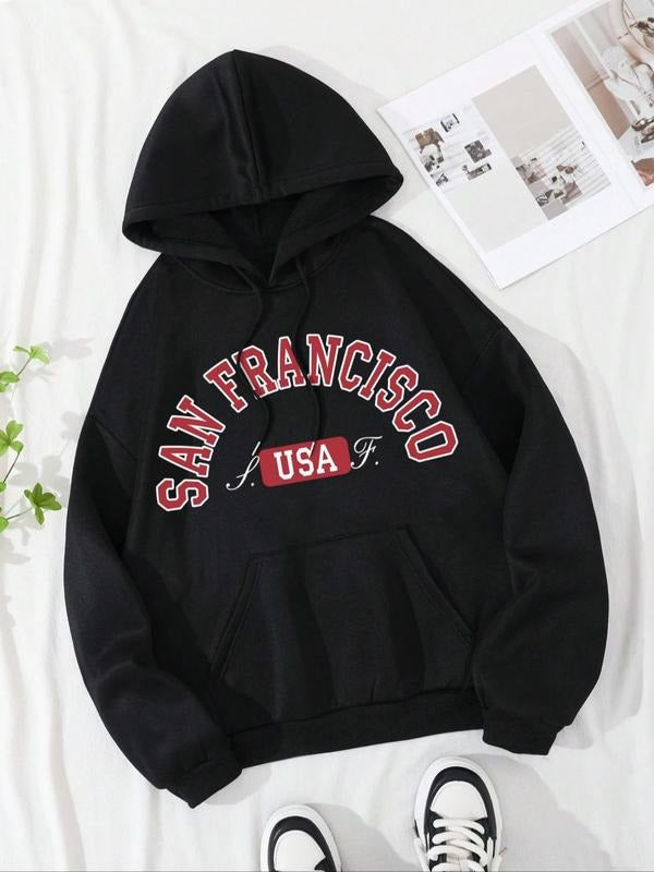 Letter Print Pocket Drawstring Casual Hooded Fall - Adult & Kids T-Shirts, Sweatshirts & Hoodies apparel design preview 1