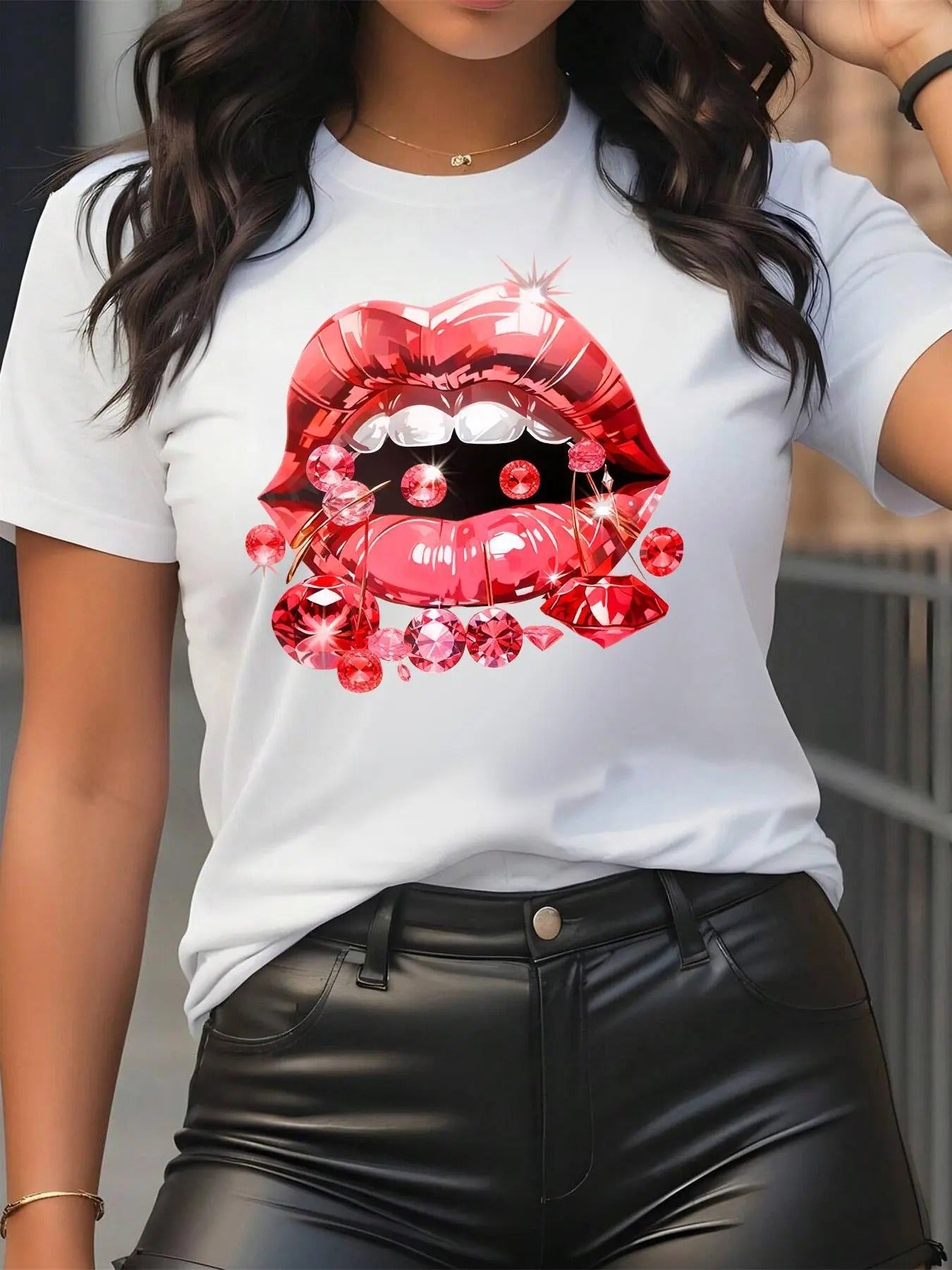 Lip Faux Diamond Print Round Neck Casual Short Sleeve - Adult & Kids T-Shirts, Sweatshirts & Hoodies apparel design preview 1