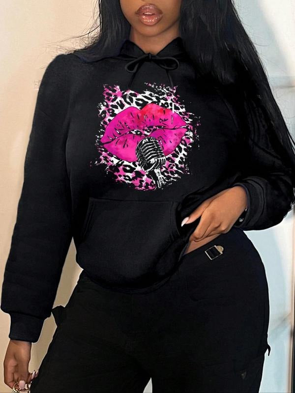 Lip Print Drop Shoulder Casual Drawstring Kangaroo - Adult & Kids T-Shirts, Sweatshirts & Hoodies apparel design preview 1