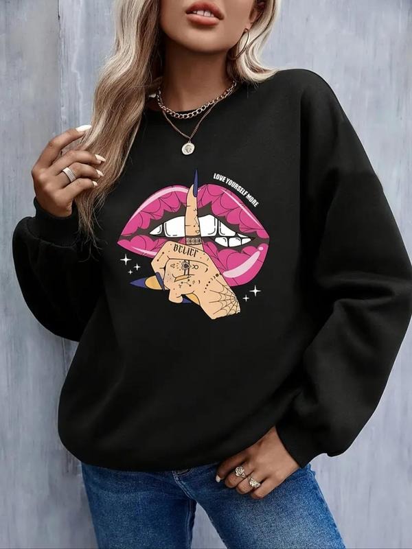 Lip Print Drop Shoulder Casual Round Neck Daily - Adult & Kids T-Shirts, Sweatshirts & Hoodies apparel design preview 1