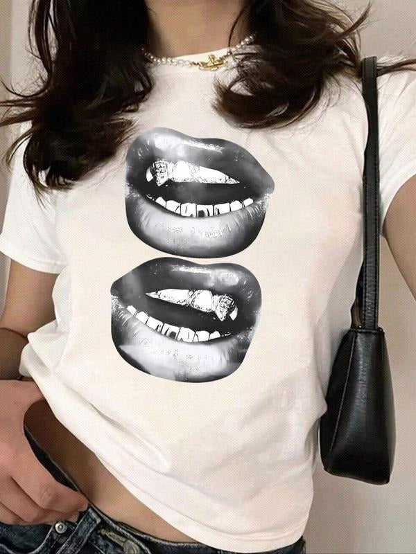 Lip Print Round Neck Vintage Casual Short Sleeve - Adult & Kids T-Shirts, Sweatshirts & Hoodies apparel design preview 1