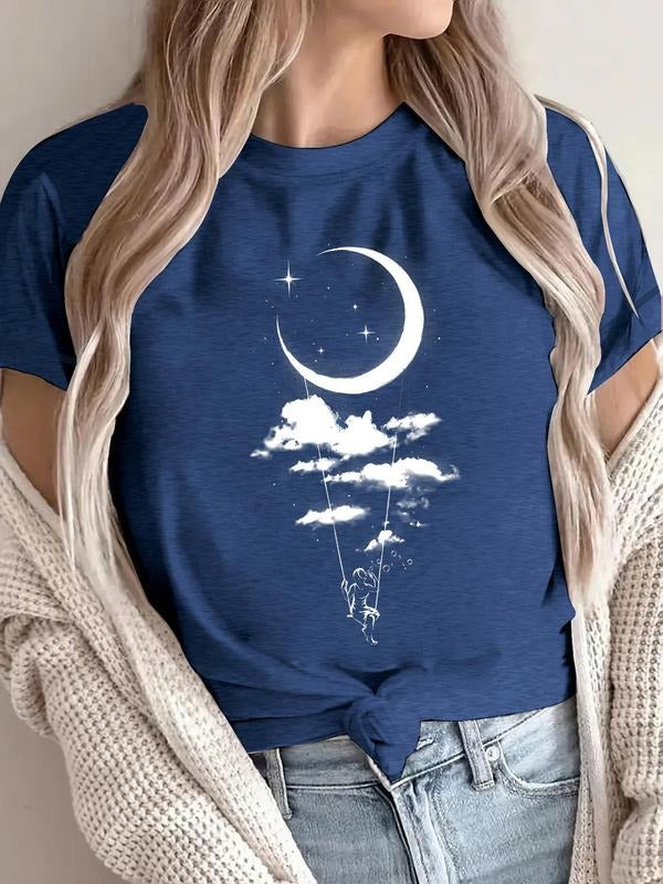 Moon Cloud Print Round Neck Casual Short Sleeve Daily - Adult & Kids T-Shirts, Sweatshirts & Hoodies apparel design preview 1