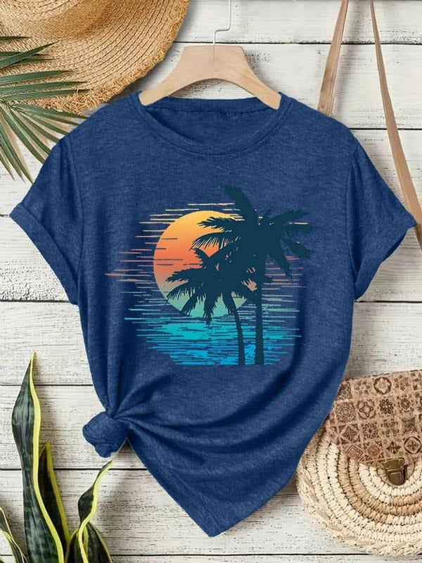 Palm Tree Sunset Print Round Neck Casual Short Sleeve - Adult & Kids T-Shirts, Sweatshirts & Hoodies apparel design preview 1