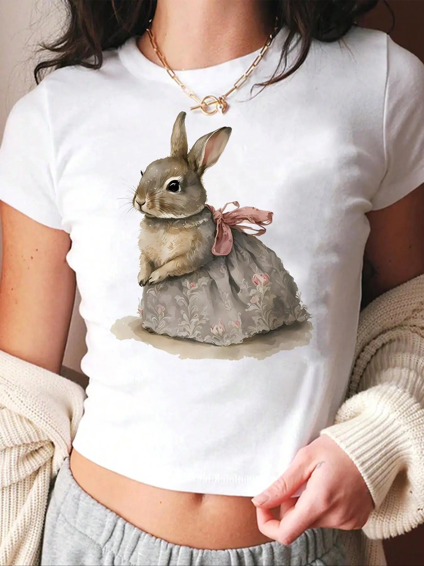 Rabbit Print Round Neck Crop Cute Casual Crew Short - Adult & Kids T-Shirts, Sweatshirts & Hoodies apparel design preview 1