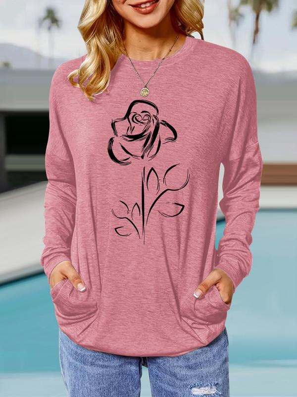 Rose Print Round Neck Casual Loose Fit Pockets - Adult & Kids T-Shirts, Sweatshirts & Hoodies apparel design preview 1