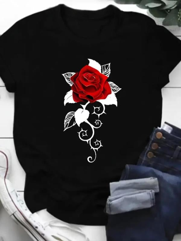 Rose Print Round Neck Casual Short Sleeve Daily - Adult & Kids T-Shirts, Sweatshirts & Hoodies apparel design preview 1