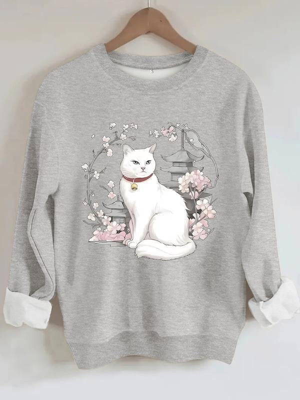 Sakura Cat Print Round Neck Casual Fitted Medium - Adult & Kids T-Shirts, Sweatshirts & Hoodies apparel design preview 1