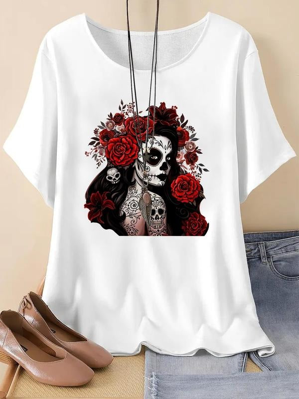 Skull Floral Print Round Neck Halloween Themed Casual - Adult & Kids T-Shirts, Sweatshirts & Hoodies apparel design preview 1