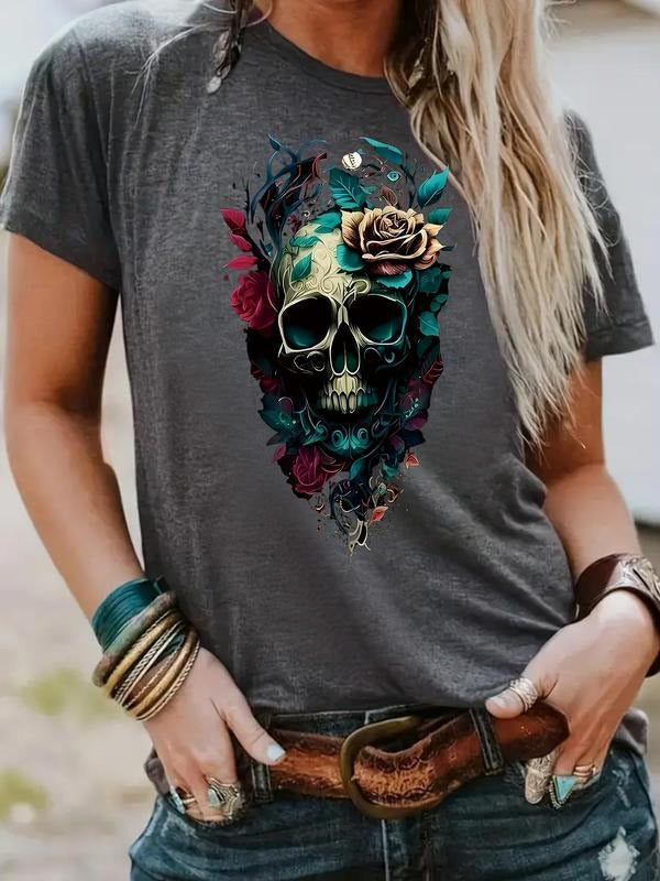 Skull Floral Print Round Neck Vintage Casual Short - Adult & Kids T-Shirts, Sweatshirts & Hoodies apparel design preview 1