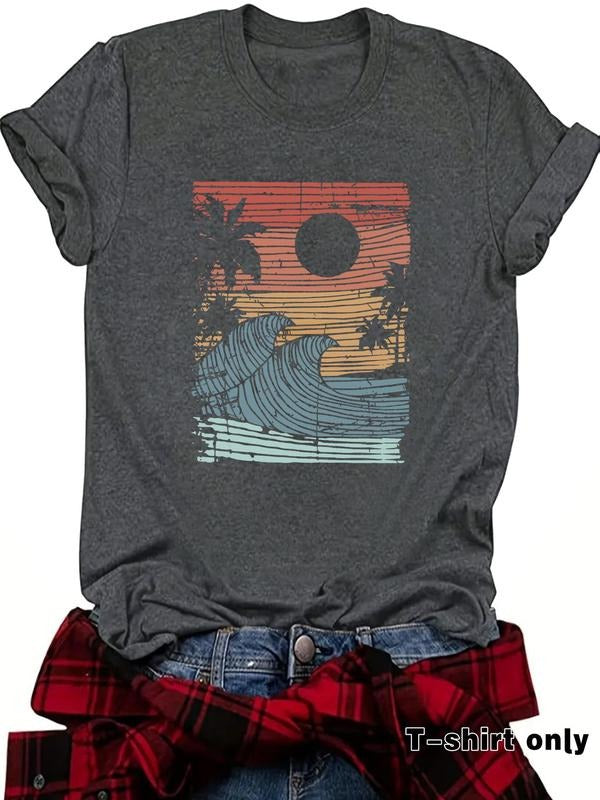 Sunset Wave Print Round Neck Casual Short Sleeve Crew - Adult & Kids T-Shirts, Sweatshirts & Hoodies apparel design preview 1