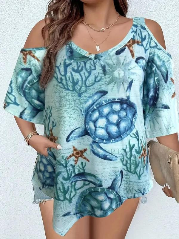 Turtle Coral Print Cold Shoulder Boho Casual Cut Out - Adult & Kids T-Shirts, Sweatshirts & Hoodies apparel design preview 1