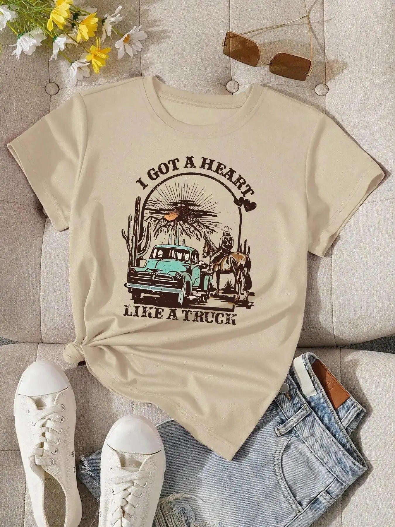 Vintage Round Neck Casual Cowboy Car Print Short - Adult & Kids T-Shirts, Sweatshirts & Hoodies apparel design preview 1