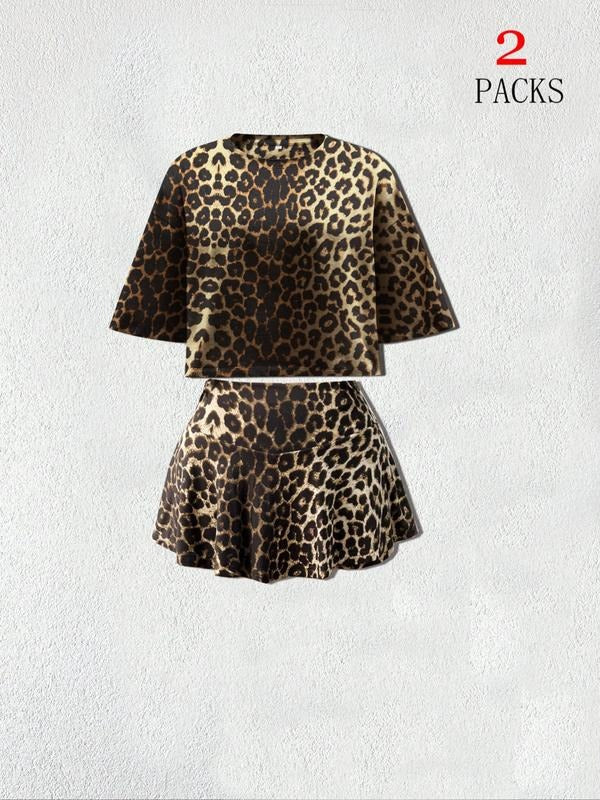 Vintage Leopard Print Short Sleeve Pleated Skirt Set - Adult & Kids T-Shirts, Sweatshirts & Hoodies apparel design preview 1