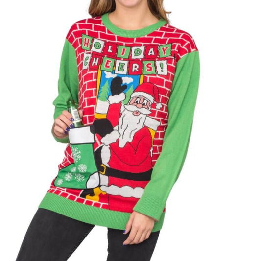 Women's Holiday Cheers! Santa with Beer Holder Stocking Ugly Christmas Sweater - Holiday Gift product image