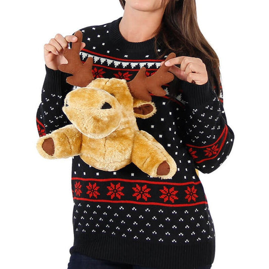 Women's Black 3-D with Stuffed Moose Ugly Christmas Sweater - Holiday Gift product image