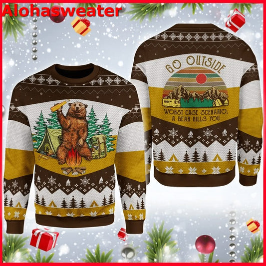 A bear with beer vintage camping Christmas Sweater - Holiday Gift product image