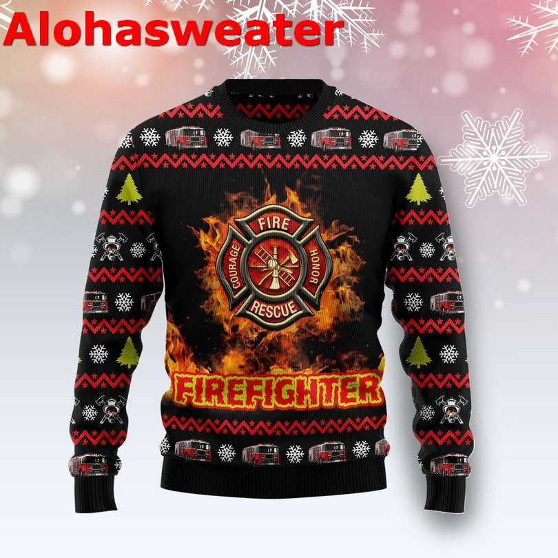 Awesome Firefighter Respect Ugly Christmas Sweater - Holiday Gift product image 2