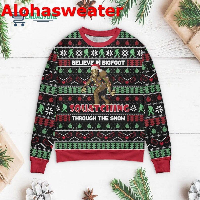 Believe in bigfoot squatching through the snow Christmas Sweater - Holiday Gift product image 2