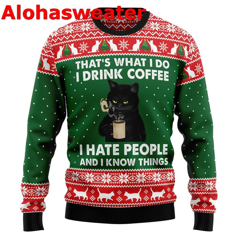 Black cat drink coffee Christmas Sweater - Holiday Gift product image