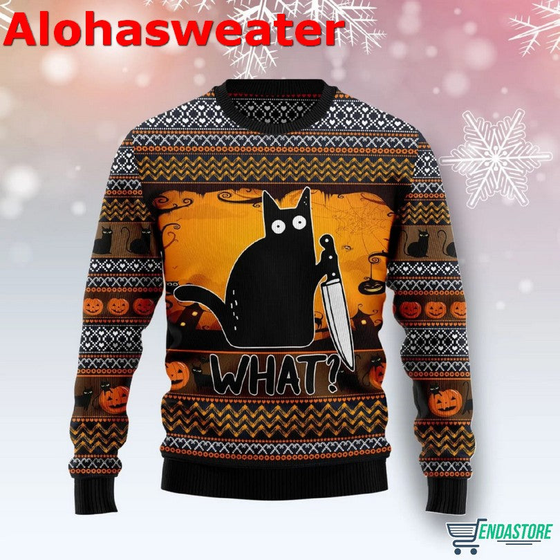 Black Cat What Halloween Graphic Sweater - Gift for Animal Lovers product image