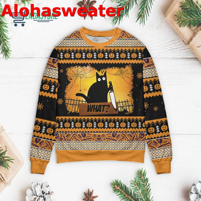 Black cat what murderous with knife Christmas Sweater - Holiday Gift product image 3