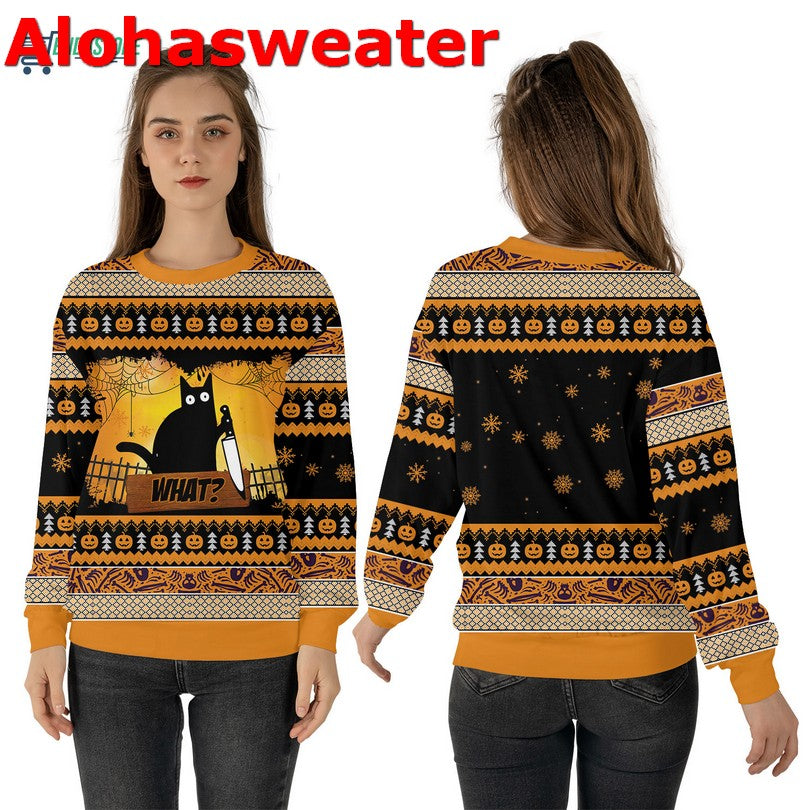 Black cat what murderous with knife Christmas Sweater - Holiday Gift product image 4