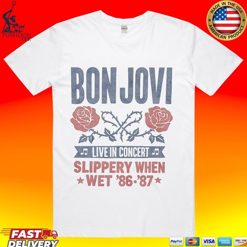 Bon Jovi Live In Concert Slippery When Wet 86- 87 - Adult & Kids T-Shirts, Sweatshirts & Hoodies apparel design preview 1
