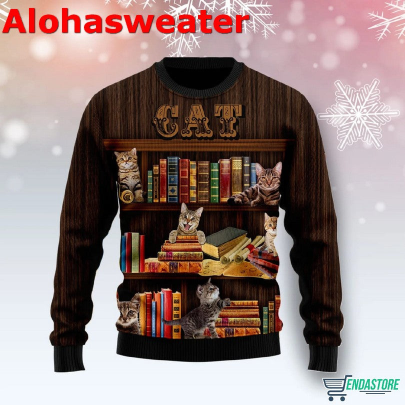 Cat Bookcase Ugly Christmas Sweater - Holiday Gift product image