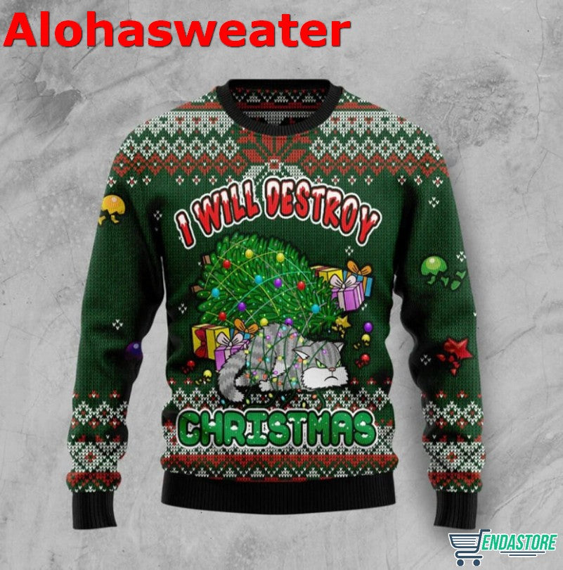 Cat I Will Destroy Christmas Snowflower Ugly Christmas Sweater - Holiday Gift product image