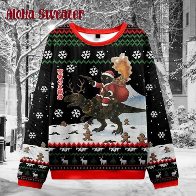Cat Santa Riding T-Rex Ugly Christmas Sweater - Holiday Gift product image