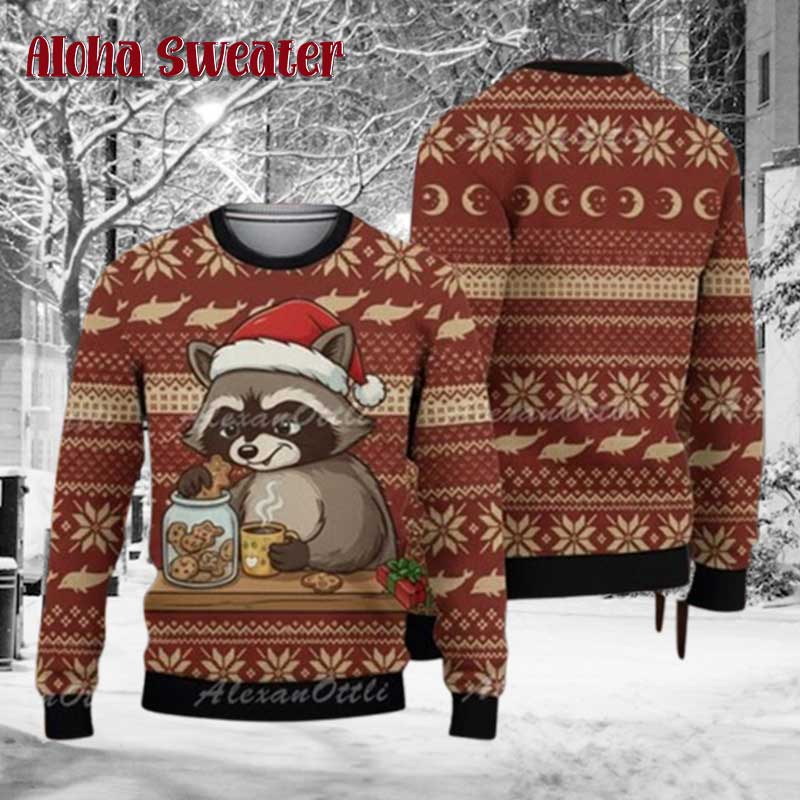 Feeling Berry Good Eating Strawberries Racoon Ugly Christmas Sweater - Holiday Gift product image 3