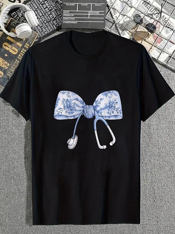 Cotton Floral Cute Blue Coquette Bow Stethoscope - Adult & Kids T-Shirts, Sweatshirts & Hoodies apparel design preview 1