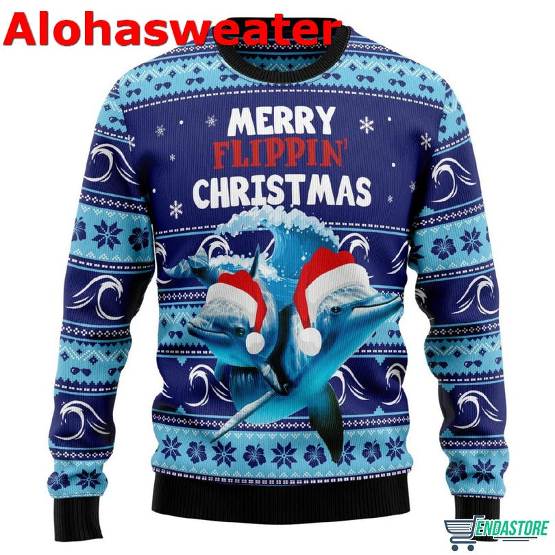 Dolphin Riding The Waves With Santa Ugly Christmas Sweater - Holiday Gift product image 2