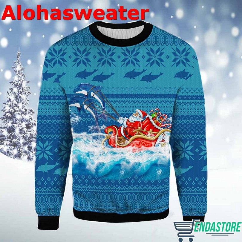 Dolphin Riding The Waves With Santa Ugly Christmas Sweater - Holiday Gift product image