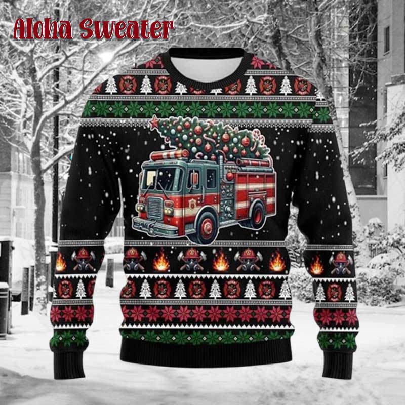 Fire Truck Xmas Firefighter Ugly Christmas Sweater - Holiday Gift product image 2