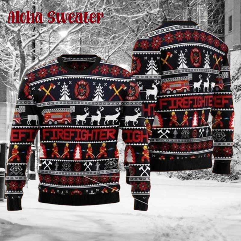 Fire Truck Tree Lights Fireman Ugly Christmas Sweater - Holiday Gift product image 3