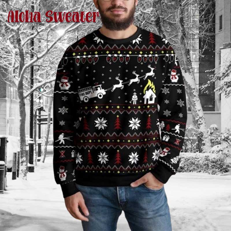 Fire Truck Tree Lights Fireman Ugly Christmas Sweater - Holiday Gift product image 2