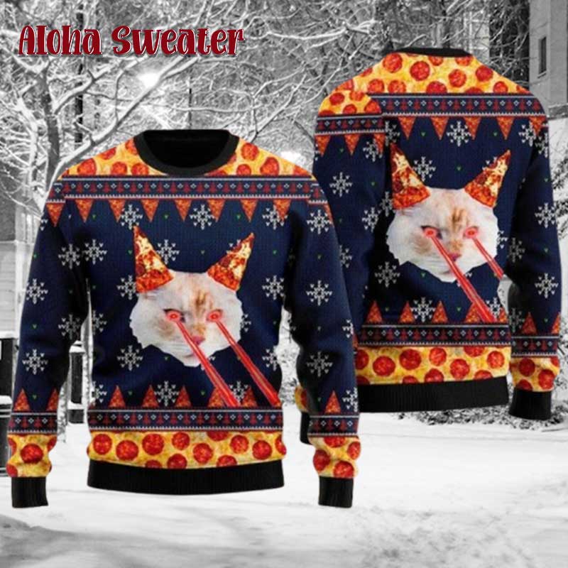 Funny Cat Pizza Laser Eyes Ugly Christmas Sweater - Holiday Gift product image