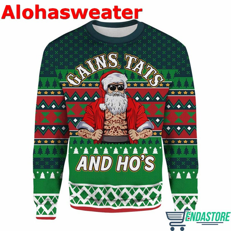 Gains Tats And Hos Tattoo Gym Ugly Christmas Sweater - Holiday Gift product image
