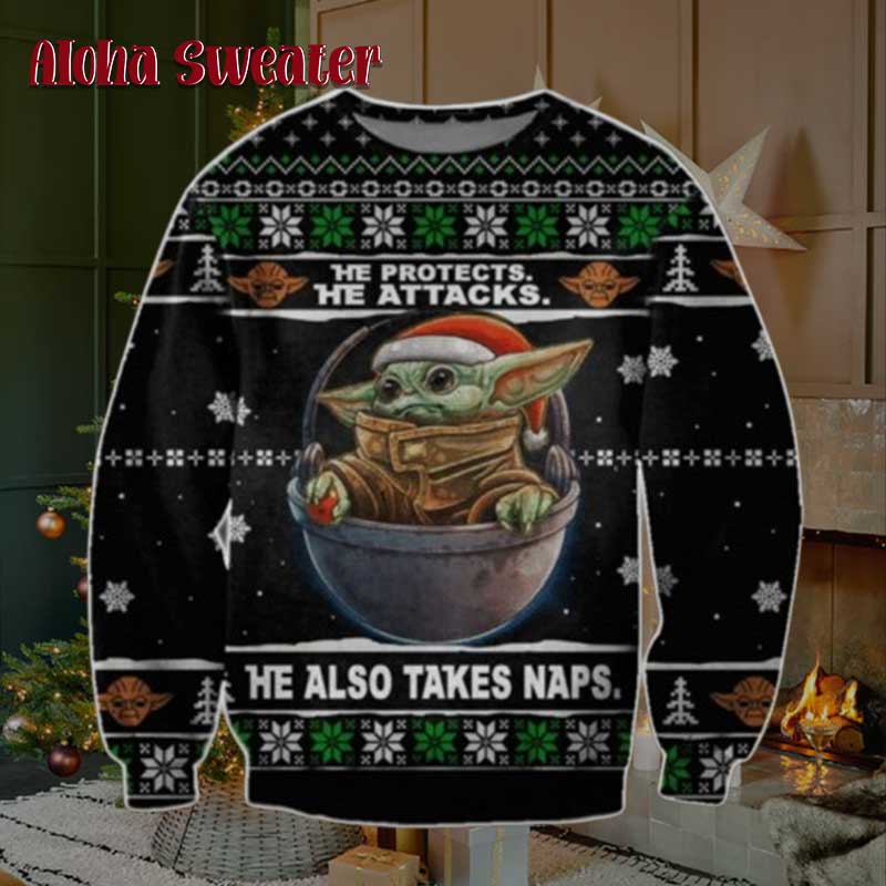 He Protects He Attacks Baby Yoda Ugly Christmas Sweater - Holiday Gift product image