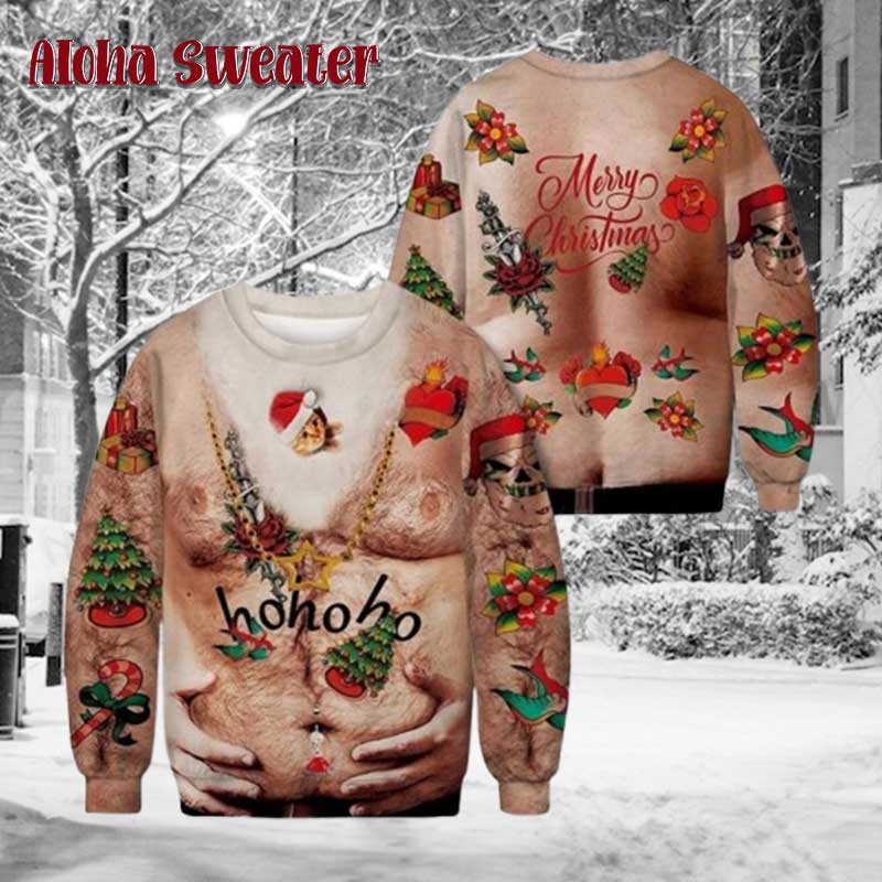 Ho Ho Ho Hairy Chest Tattoo Ugly Christmas Sweater - Holiday Gift product image