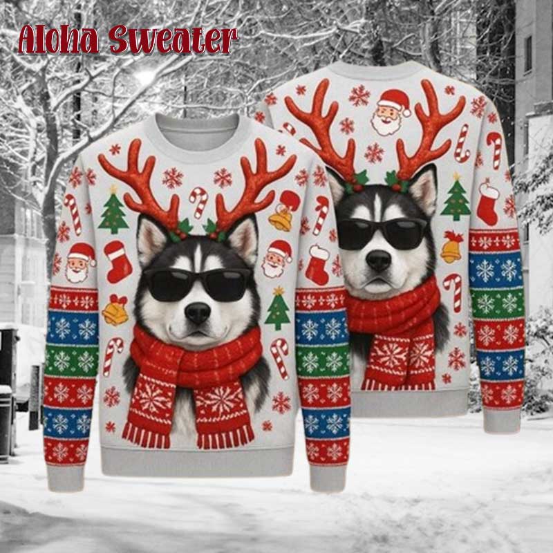 Husky Funny Dog Reindeer Ugly Christmas Sweater - Holiday Gift product image