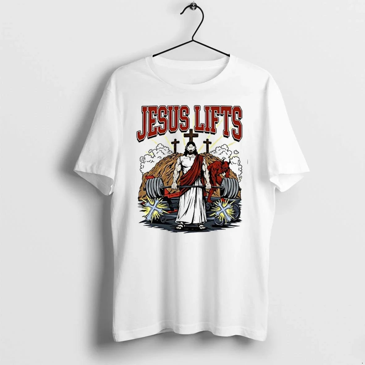 Jesus Lifts Gym Comic Style 0 Sweater - Adult & Kids T-Shirts, Sweatshirts & Hoodies apparel design preview 1