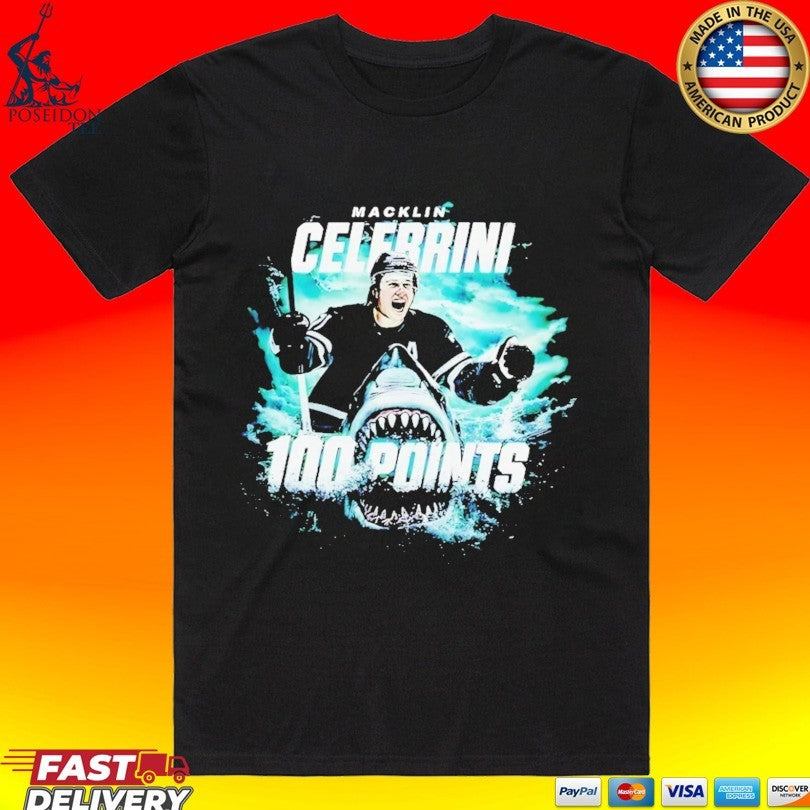 Macklin Celebrini San Jose Sharks 100 Points - Adult & Kids T-Shirts, Sweatshirts & Hoodies apparel design preview 1