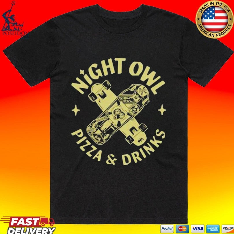 Night Owl Pizza And Drinks Sk8 - Adult & Kids T-Shirts, Sweatshirts & Hoodies apparel design preview 1